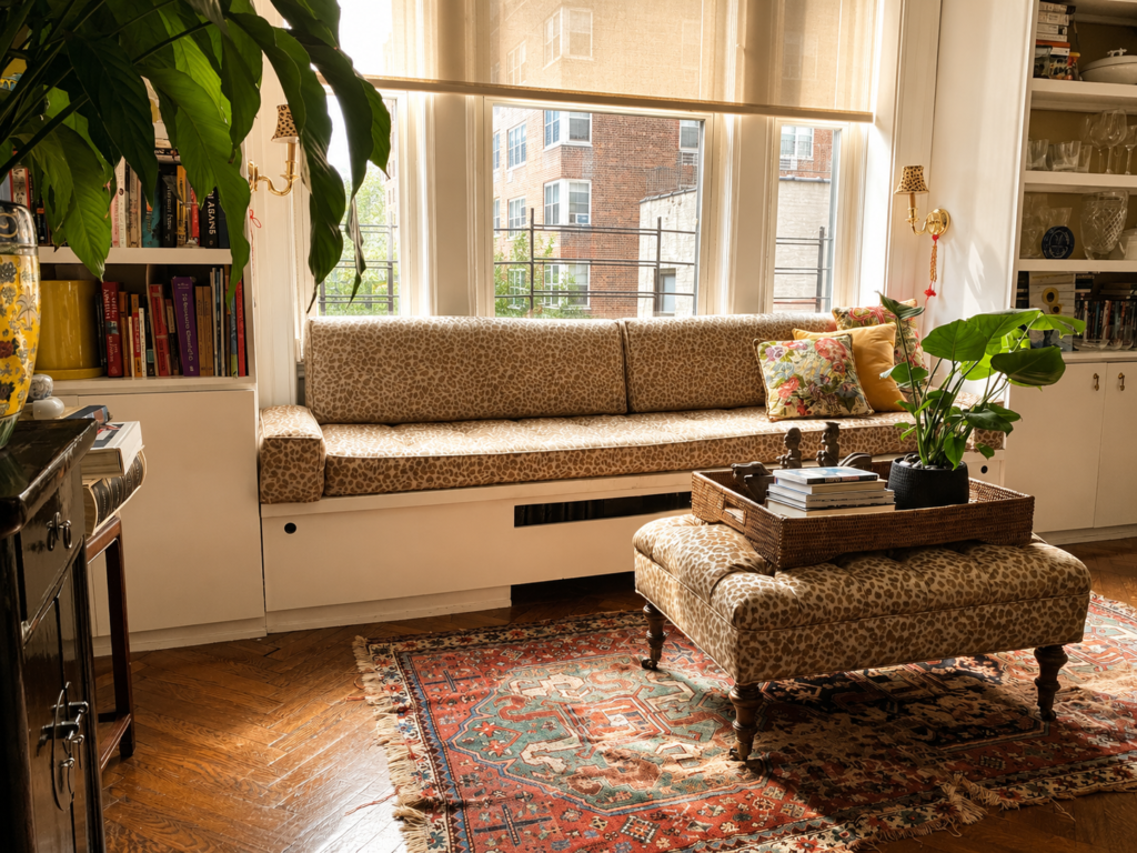 Custom window seat upholstered in a leopard-print textile