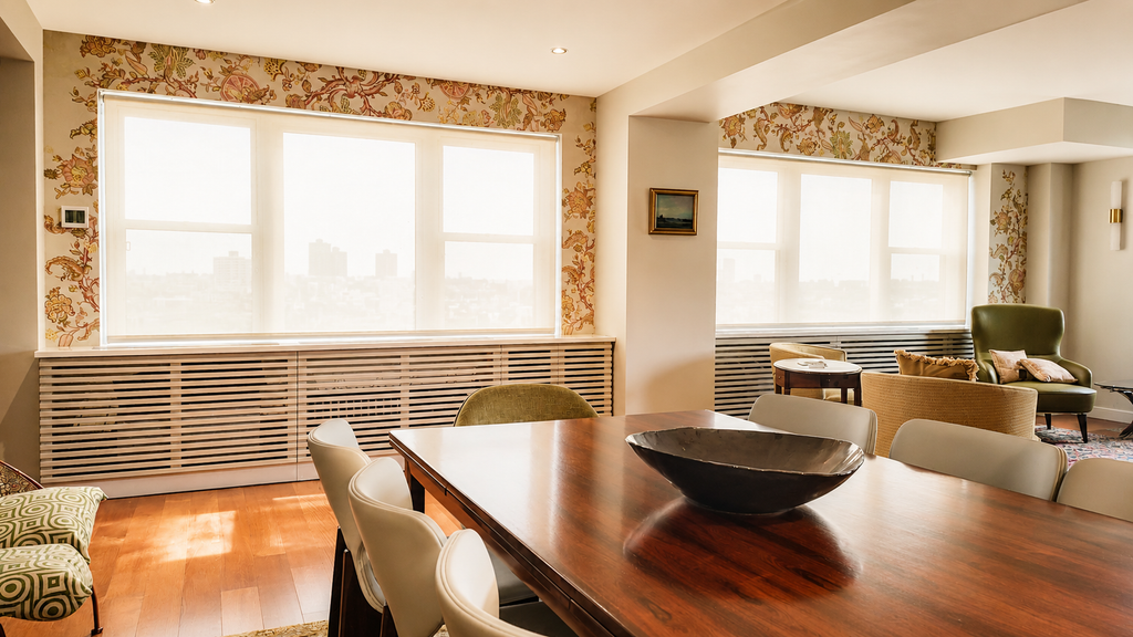 Elegant modern dining and living space framed by botanical wallpaper